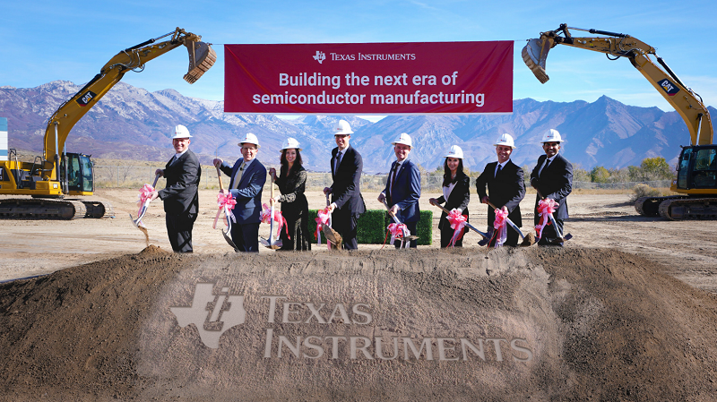 Texas Instruments President and CEO Haviv Ilan and Utah Governor Spencer Cox (center) join company and community leaders to break ground on TI’s second 300-mm semiconductor wafer fab in Lehi, Utah.